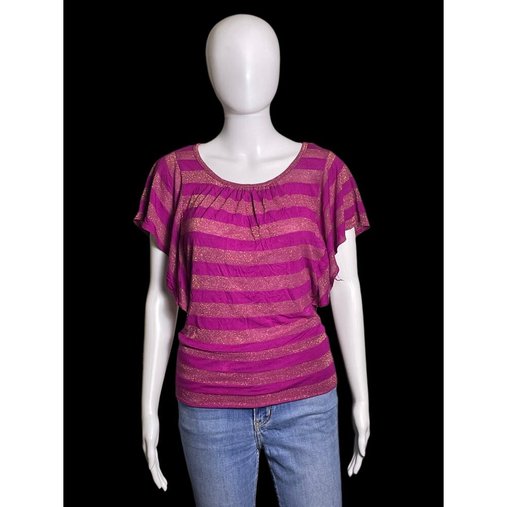 B.Wear Magenta Pink & Gold Striped Flutter Sleeve Women Blouse Small Made in USA